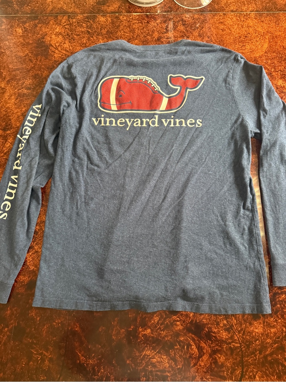 Vineyard Vines Navy Long-Sleeve Whale Logo Tee with Red Football Graphic
